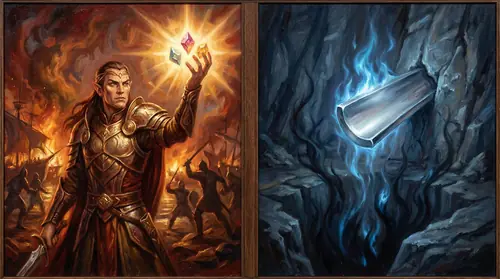 A diptych: on the left, Feanor holds the Silmarils aloft, their light blinding, while behind him the kinslaying at Alqualonde unfolds in blood; on the right, a piece of mithril rests in a mine while…
