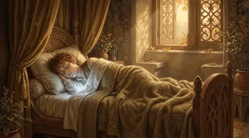 Frodo asleep in Rivendell, the mithril coat visible beneath his blanket, its gentle glow a silent guardian. The coat asks nothing. It does not whisper or corrupt or demand. It simply waits, patient…