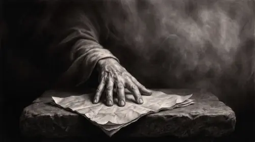 A single hand coming down flat over a folded page on the stone table and staying there, the fingers spread just enough to hide what is under them. Beyond the hand the debate continues as unresolved…