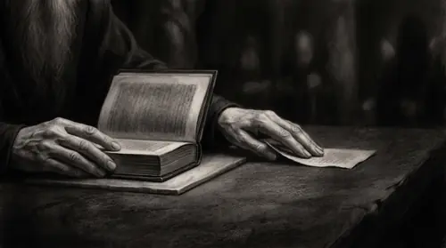 Two hands at the council table: one holds an open book flat, the other is laying a loose leaf face-down on the stone beside it and sliding it out of the light. Beyond the hands the room is unresolved…