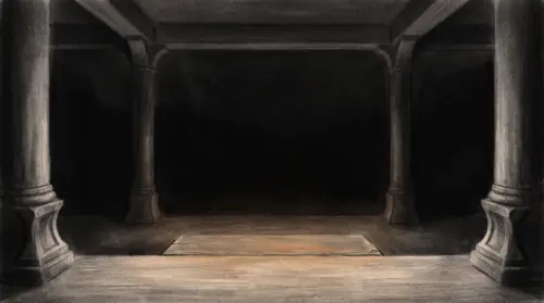 From inside a lamplit porch looking out into enormous dark: the pillars and the floor of the house take the light in the near frame, and beyond the threshold the valley is black all the way to…