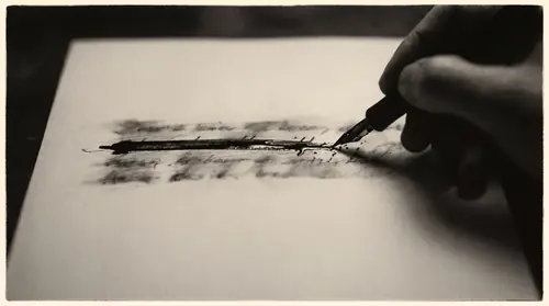 Down on the leaf as a single hard horizontal stroke is dragged through the whole passage — the nib biting and spitting a little where it crosses the word slew, the ink standing wet and proud along…