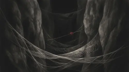 The line running unbroken from the first age: the glens under the Mountains of Terror, a black gulf between two sheer walls with old web strung across it at every height, sagging and greyed with age…