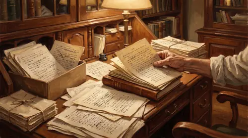 A symbolic scene of editorial inheritance: a great desk strewn with decades of handwritten, competing manuscript drafts, a son\'s hand gathering them into a single bound book. The image of Christopher…
