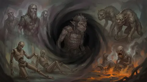 A branching vision of competing possibilities — four shadowy alternate origins of the Orcs shown as ghostly variants radiating from a central question mark of darkness: corrupted Men, speaking…