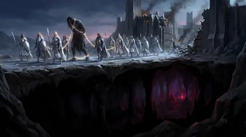 The Valar, victorious, turning away from the broken fortress with the chained Melkor led captive — but the composition holds the eye on what they leave behind: the deepest hidden vaults far below…
