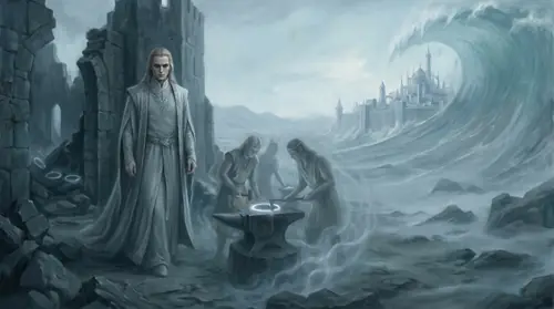Sauron in his fair early form, lieutenant of Morgoth, stepping unseen out of the broken fortress into the wider world — and around him, like a spreading premonition, faint visions of the catastrophes…