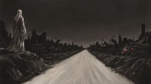 A new road being driven straight through a burned village at night: the cut running dead level from the foreground to a vanishing point, work-gangs still swinging picks in the dark either side…