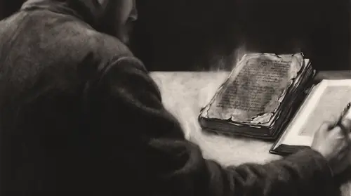 A copying room: a man bent close over a fresh codex, mid-stroke, and propped open beside him a far older book whose pages are dark, cockled and broken along the edges. He is looking at the old book…