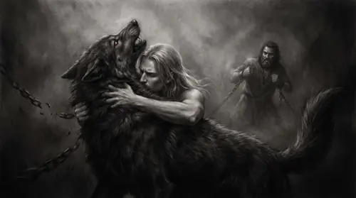 Close and low on the pit floor: Finrod, the chains burst from his wrists, has the werewolf locked by the neck — bare arms wrapped around its throat, his face buried against the fur of its neck in…