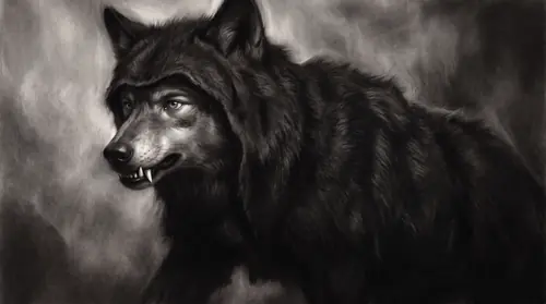 Very close on the head of Draugluin\'s hide as Beren wears it: the grey wolf-mask with its upper jaw and fangs drawn down over his brow like a hood, its fur a modeled dark mass — and inside the…