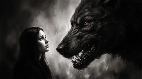The episode\'s first full reveal. Lúthien has thrown back the bat-fell and stepped out before the wolf: her face in three-quarter at the left third of the frame, lifted toward the great head looming…