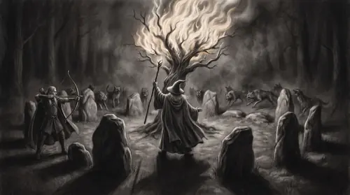 A ring of stones on a hilltop in Hollin at night, from low among the stones at the circle\'s edge: in the centre an old man in grey has risen with his staff thrust up, and the tree above him is…
