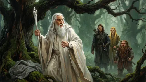 Under the eaves of Fangorn, close on the white wizard mid-sentence: he has stopped on a word, mouth still open, eyes gone somewhere off past the trees, one hand half-raised and forgotten — a man…