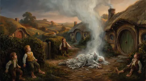 Over the Hill at Hobbiton in the last of the light: a pale shrouded column has risen out of the body on the path and gone up past the chimney-pots, in no hurry at all, wide at the shoulders and…