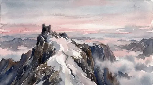 The widest shot of the episode and its visual period: the summit of Zirakzigil at first light from miles away, cloud lying below it, the single dark gash scored down the snowfield — and sky filling…