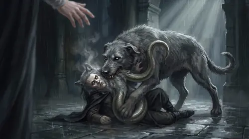 The pinned thing caught mid-change: a serpent\'s coil sliding out of the wolf\'s shoulder while a fair man\'s face surfaces through the fur, all in one instant, and none of it loosening the grip. Beyond…