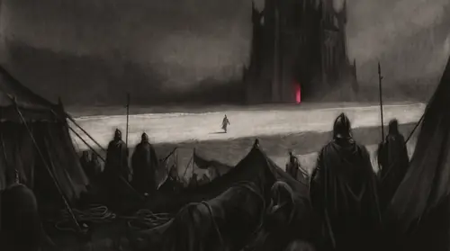 The reverse of the cold open — this time from inside the Númenórean camp, looking east between two tent-ropes: the far gate of Barad-dûr stands open on the black plain and one small figure is already…