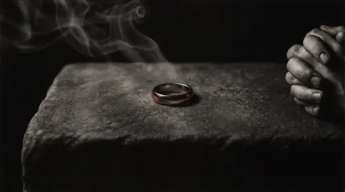 Extreme close on the Ring lying alone on the stone plinth after the argument has moved on past it: the whole frame is the plinth\'s grain in near-black with one small circle of resolved metal sitting…