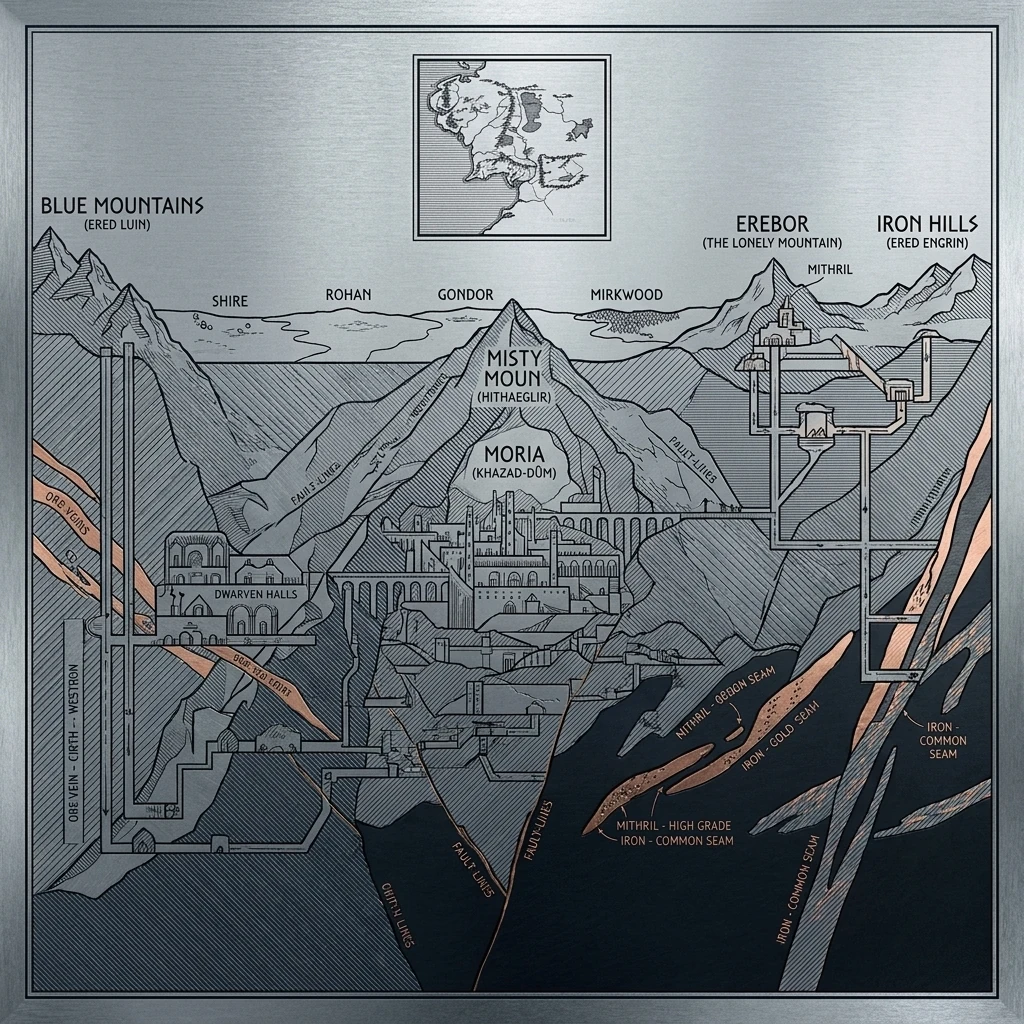 An alternate Dwarvish map — a cool-grey cross-section with prominent ore-seam annotations and Cirth engineering script.
