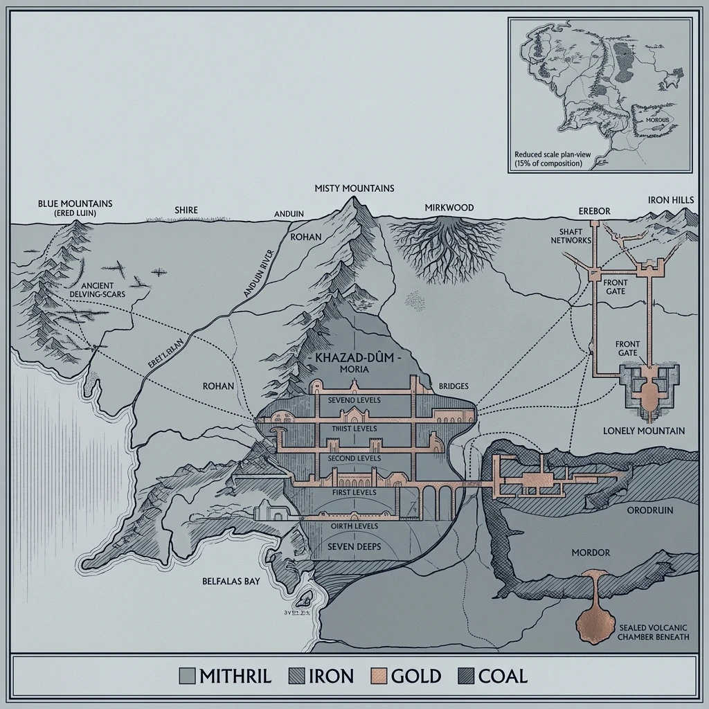 An alternate Dwarvish map pushed deeper into geology — labelled depth scales, hatching for strata, ore-type legend.