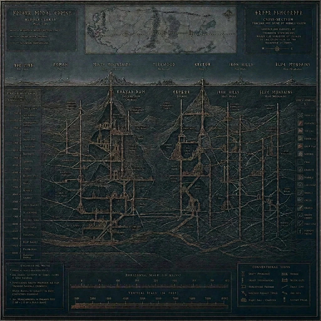 Dwarvish engineer's map of Middle-earth — engraved copper-plate with subterranean cross-section.