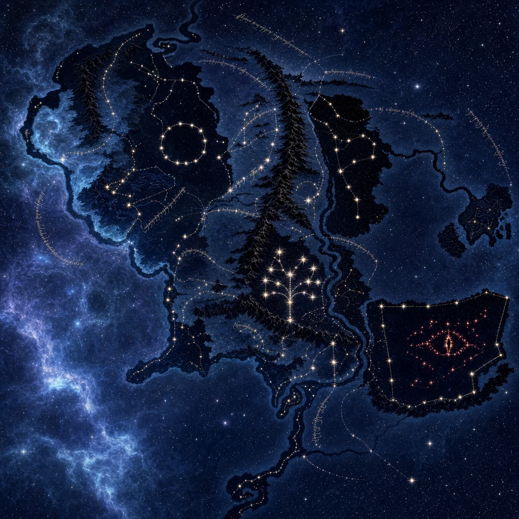 An alternate Elvish map rendered as a celestial chart — Middle-earth as constellations and nebulae against deep space, with Mordor glowing red.