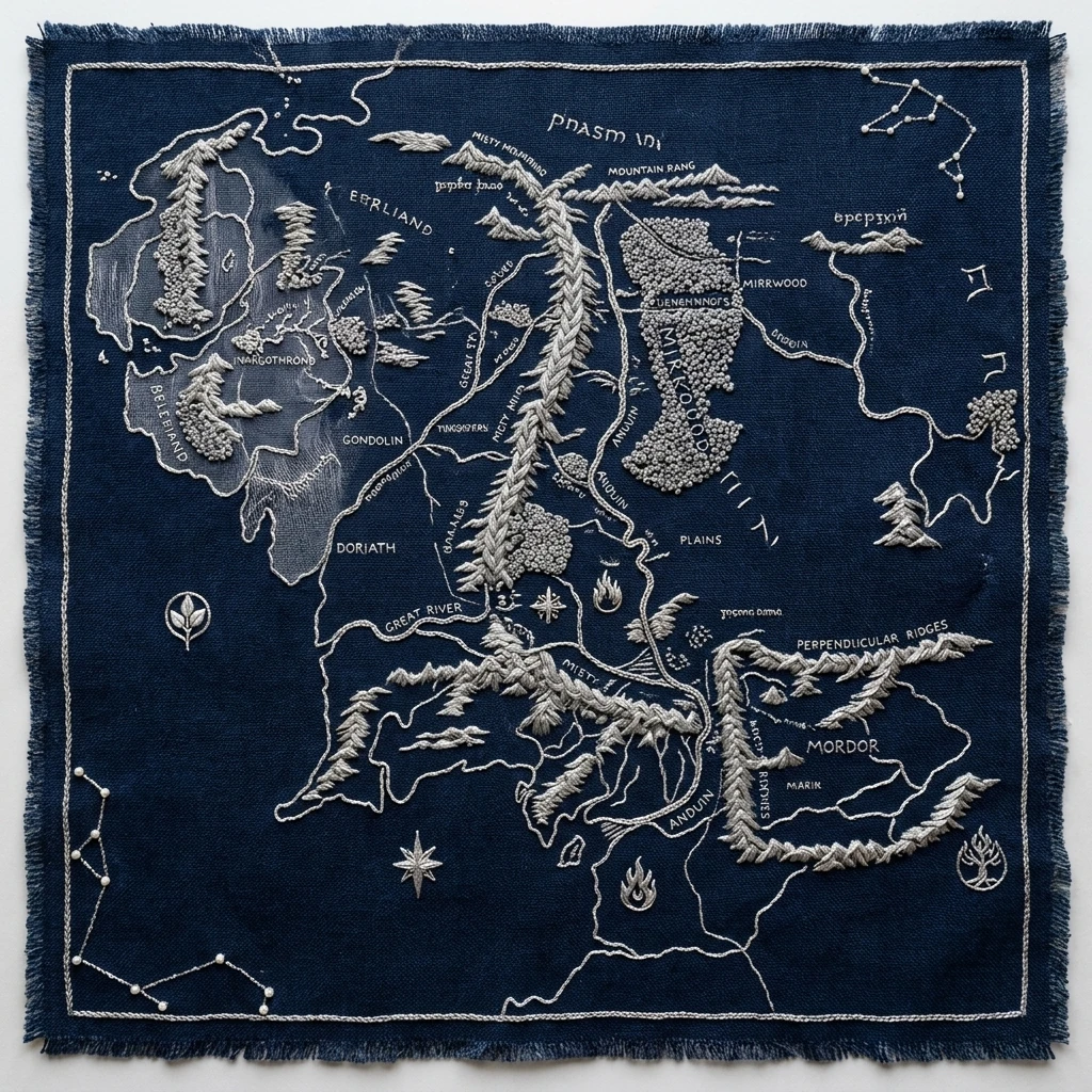 An alternate Elvish map rendered as a woven tapestry — silver-thread embroidery on dark blue cloth with frayed edges.