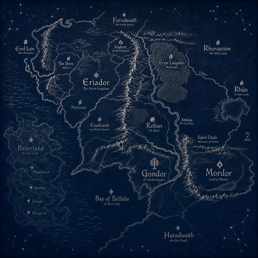 Elvish loremaster's map of Middle-earth — silver-leaf on indigo vellum with constellations and the drowned lands of Beleriand.