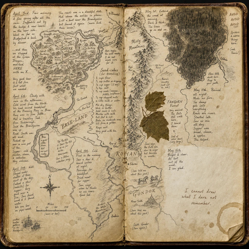 An alternate Hobbit map drawn inside an open leather journal with dated diary entries, recipes, and pressed leaves.