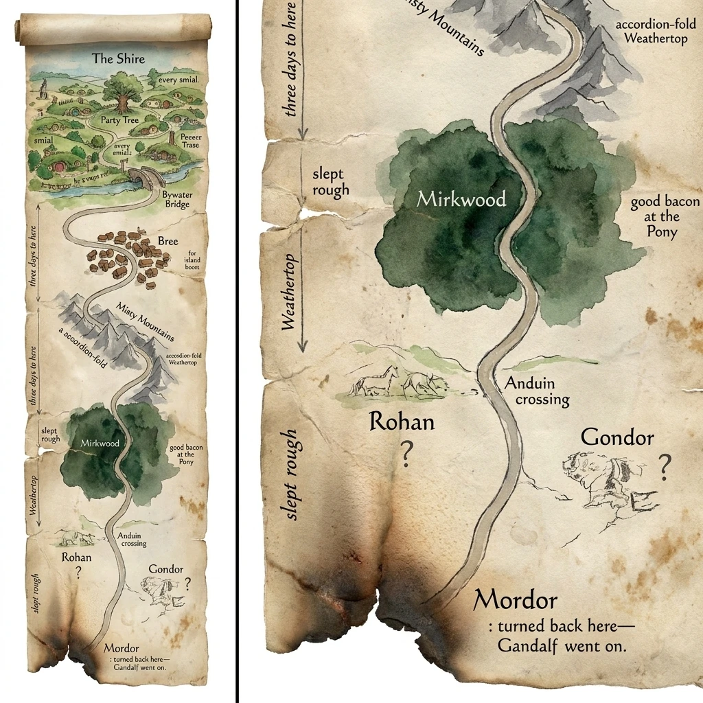 An alternate Hobbit map drawn as an unfurled vertical watercolour scroll.