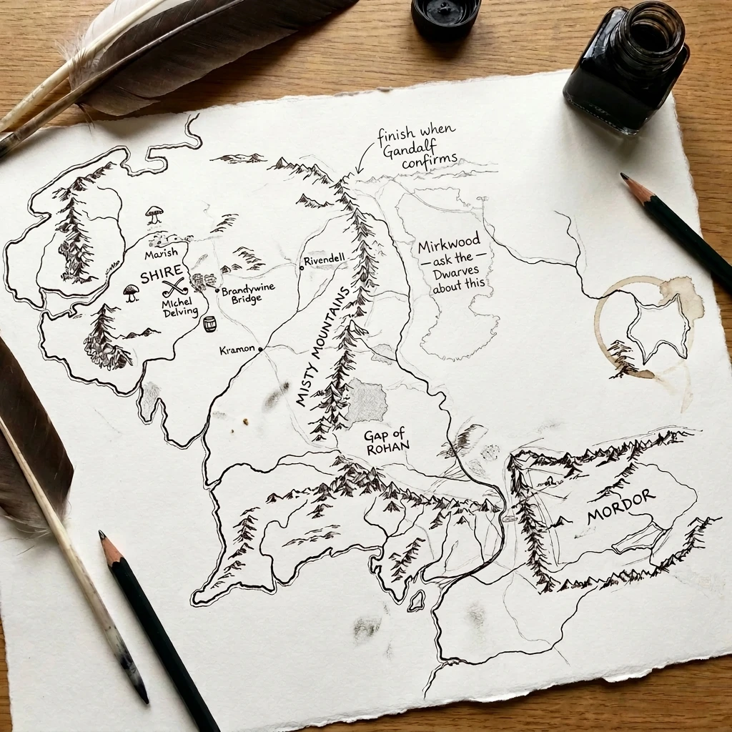 Hobbit walking-map of Middle-earth — hand-drawn ink and watercolour on aged paper.
