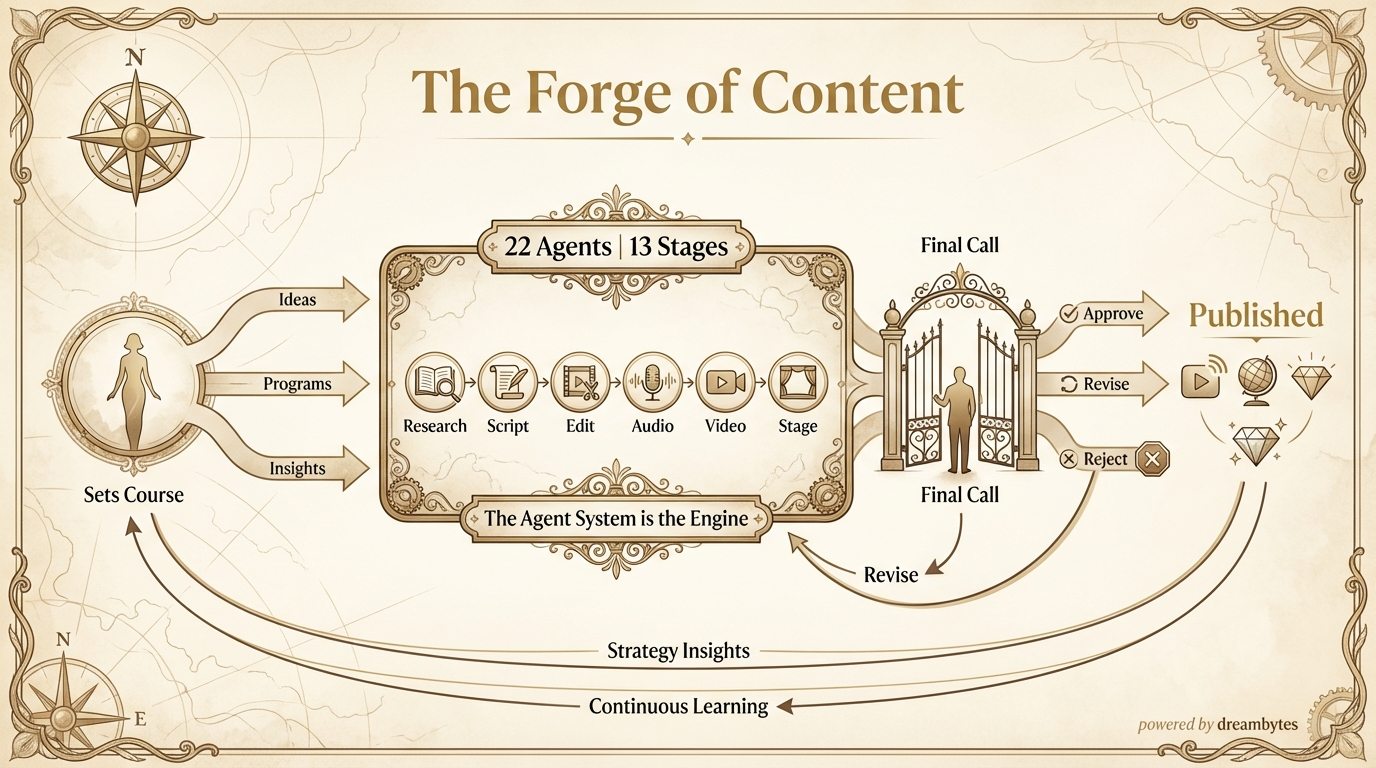 The System: Intelligence, Creation, Production, Approval Gate, Evolution