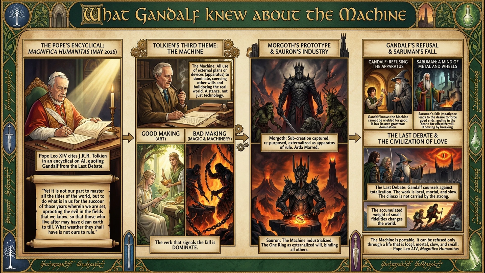 What Gandalf Knew About the Machine | Pope Leo Quotes Tolkien on AI Infographic