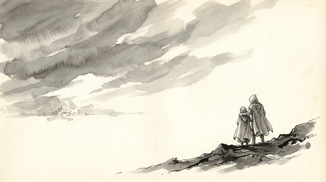 Ink wash: two small cloaked figures on a black ridge look west, where a wind tears the cloud open above a white city, tiny in the distance