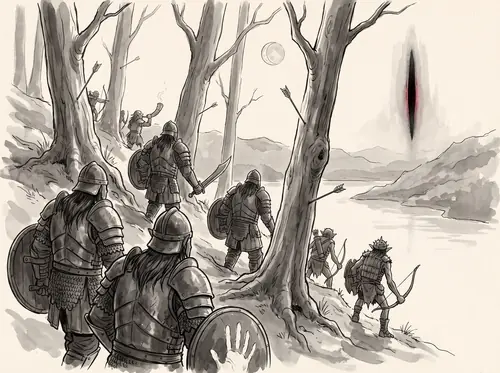 Saruman's Uruk-hai with Orcs of Mordor and Moria attack at Parth Galen; the Eye, stirred by the Ring on Amon Hen, searches westward.
