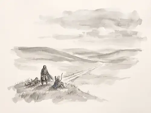 Second day of the pursuit across the Wold; at nightfall the Three Hunters halt, still far behind the Orcs.