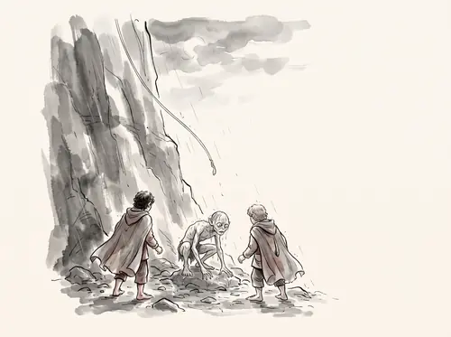 In a storm Frodo and Sam climb down the cliff by the elven rope; that night they catch Gollum, who swears by the Precious.