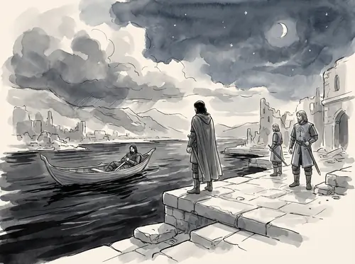 By night at Osgiliath Faramir sees Boromir's funeral boat float by, the cloven horn in his lap.