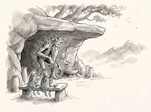 Escaping at dawn as the Rohirrim attack, the hobbits enter Fangorn, meet Treebeard, and sleep at Wellinghall.
