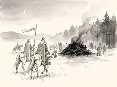 At sunrise the Rohirrim destroy the Orc-band and burn the carcases; Éomer turns for Edoras.