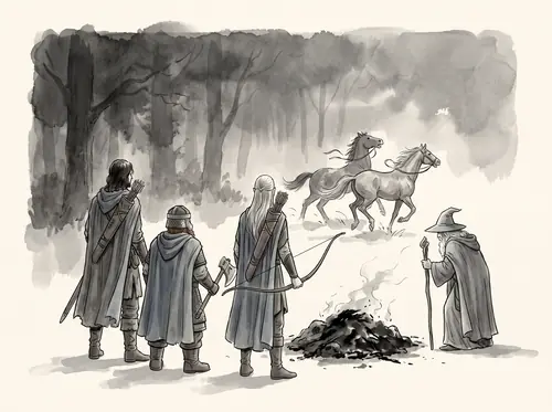 Éomer's éored meets the Three Hunters on the plain; given horses, they reach the Orc-pyre at Fangorn's eaves by nightfall. An old man appears; the horses bolt.