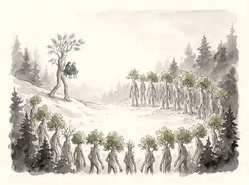 Entmoot begins; Bregalad (Quickbeam) takes the hobbits to his house while the Ents debate.