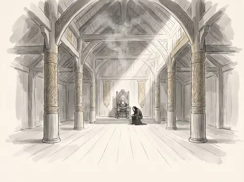Éomer reaches Edoras and is put in ward for threatening Wormtongue; Théoden sits bowed in Meduseld.