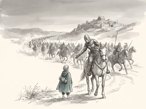 The Muster rides out of Harrowdale; at Edoras Théoden bids Merry stay; Dernhelm takes him up secretly.