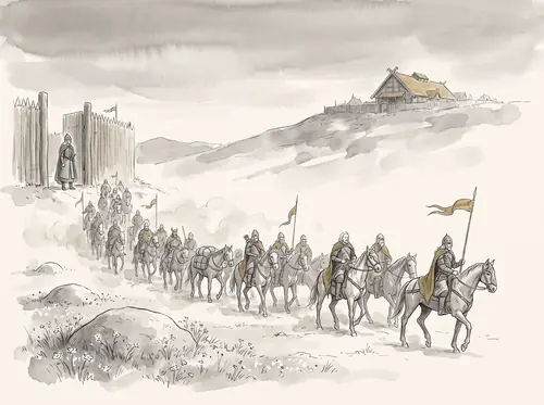 The Dawnless Day. The Rohirrim ride from Harrowdale; at Edoras Théoden takes leave and the host rides east.