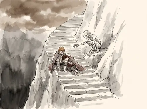 Frodo, Sam and Gollum climb the Stairs of Cirith Ungol; Gollum visits Shelob, returns to find them asleep, and nearly repents.