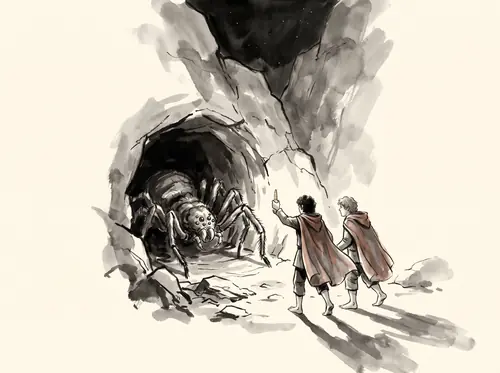 Gollum leads Frodo and Sam into Shelob's lair; in the tunnel Frodo holds up the Phial and they flee toward the cleft.