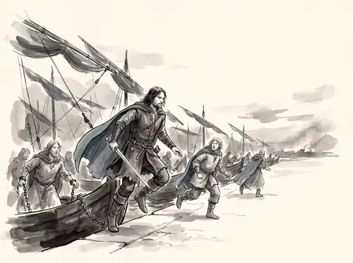 Aragorn reaches Pelargir and captures the fleet of Umbar; the Dead are released; men of Lebennin and Lamedon man the ships.