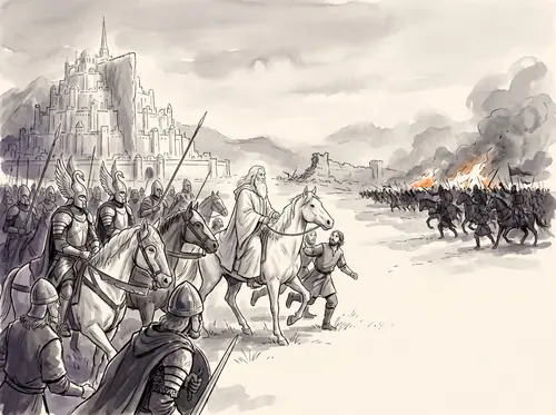 Gandalf and Imrahil ride out to cover the retreat from the Causeway; the wounded Faramir is carried in; the Pelennor is overrun.